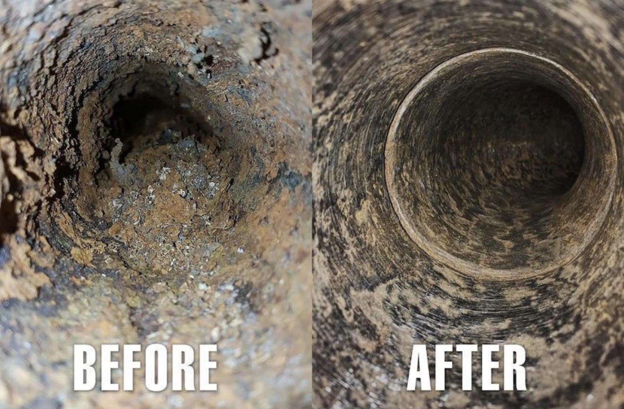 Side-by-side: cast iron drain pipe with heavy scale buildup before, then clear pipe walls after JetSet hydro-jet pass