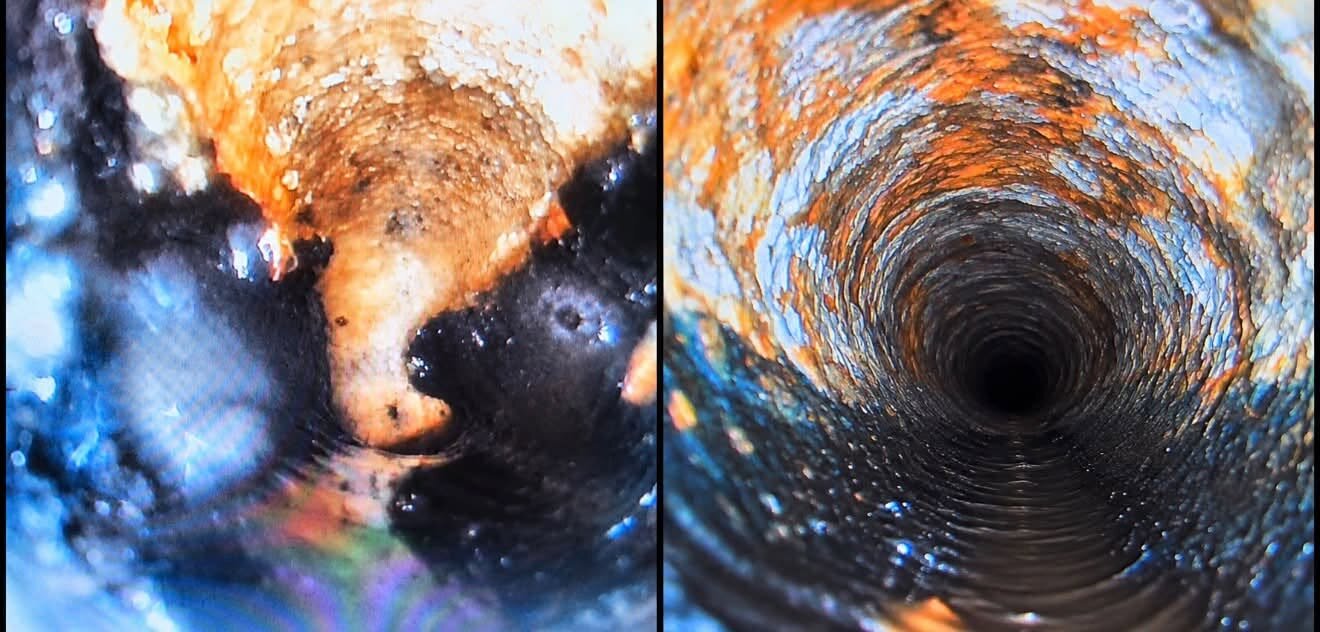 Side-by-side sewer camera footage from a JetSet Solutions hydro jetting job in Omaha — heavy cast iron pipe scale on the left, clear restored flow on the right after chain-knocker descaling